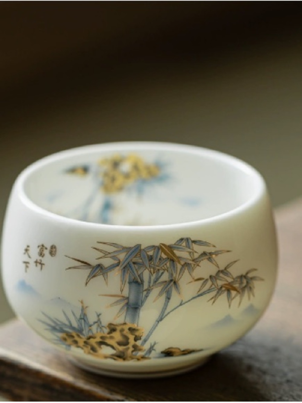 Hand-Painted Porcelain Bamboo Decorative Bowl - White, Blue & Gold